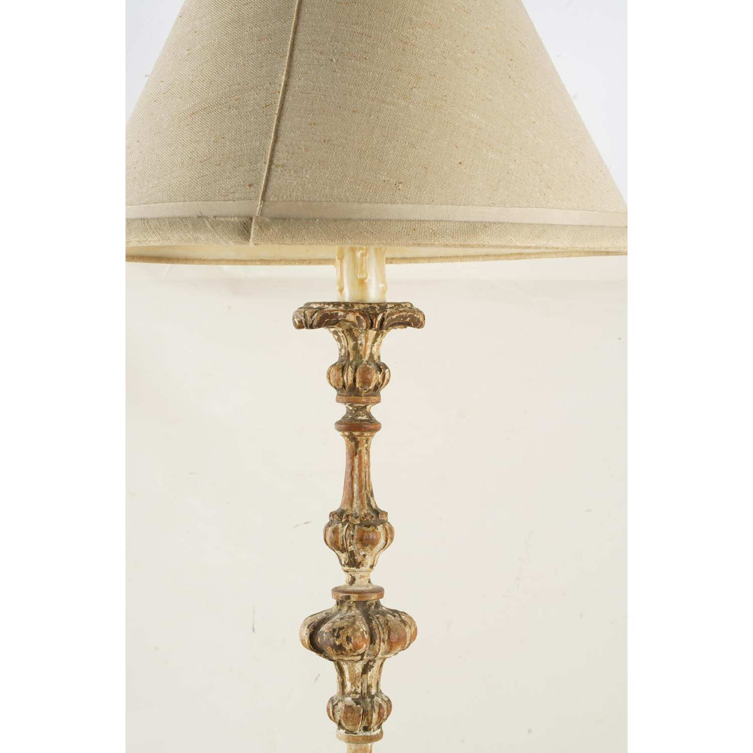 AL2-003: 18th Century Carved Wood Alter Candle Stick Lamp