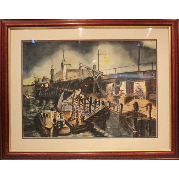 WPA Regionalist Modernist Boat House Pier Watercolor | Work of Man