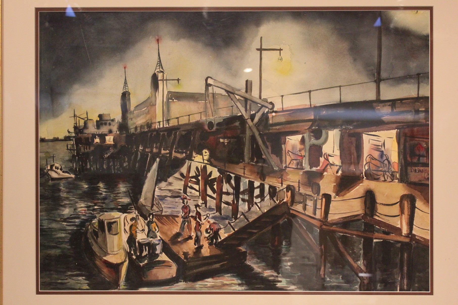 AW3-096: WPA Regionalist Modernist Boat House Pier Watercolor