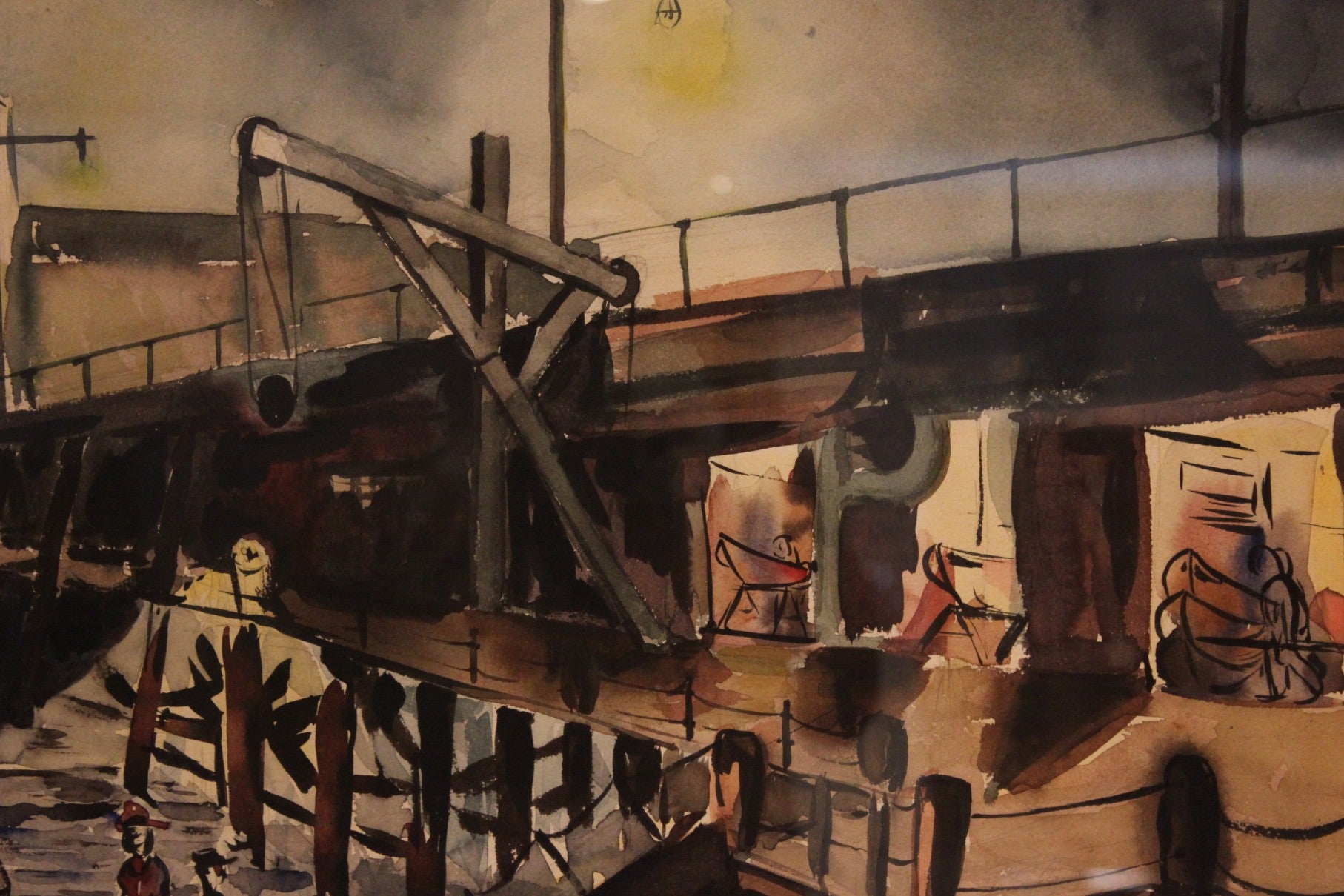 AW3-096: WPA Regionalist Modernist Boat House Pier Watercolor