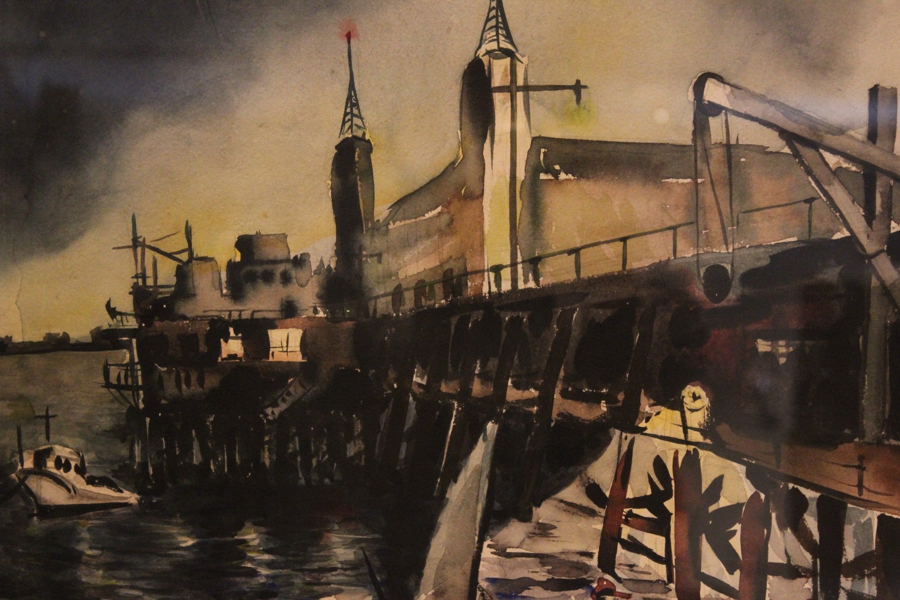 AW3-096: WPA Regionalist Modernist Boat House Pier Watercolor
