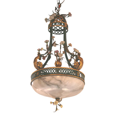 Antique French Tole Chandelier with Alabaster Shade and Porcelain Flowers | Work of Man