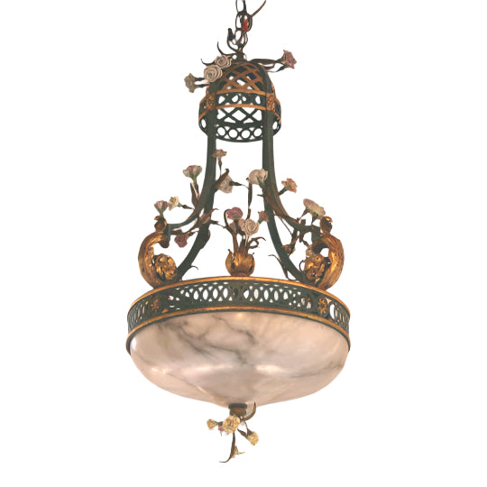 Antique French Tole Chandelier with Alabaster Shade and Porcelain Flowers | Work of Man