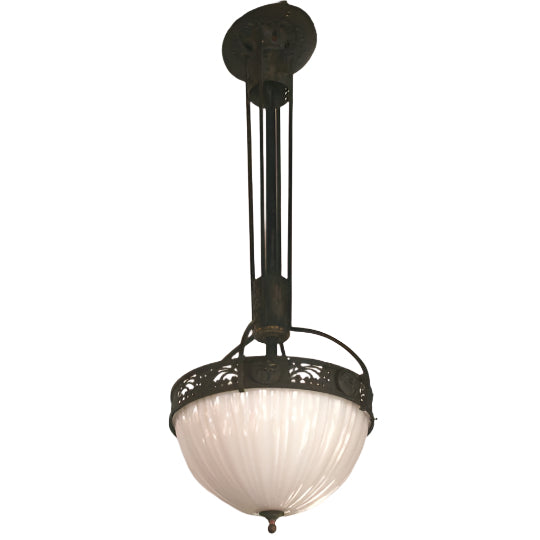 AL1-008: Antique Art Nouveau Milk Glass and Forged Iron Chandelier