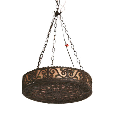 Antique 1920's Patinated Metal Filigree Chandelier with Art Glass and Mica Filaments | Work of Man