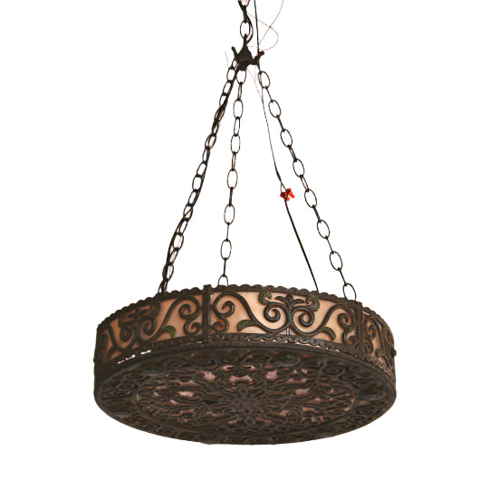 Antique 1920's Patinated Metal Filigree Chandelier with Art Glass and Mica Filaments | Work of Man