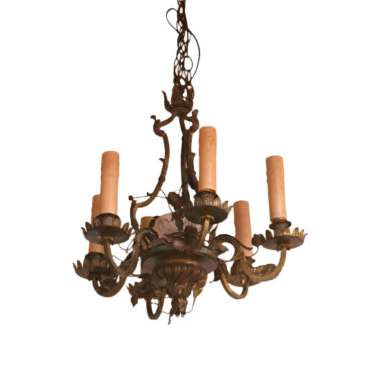 Antique Early 20th Century Tole & Brass Six Light Chandelier | Work of Man