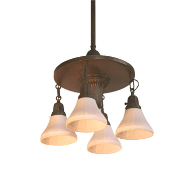 Early 20th Century Brass 4 Light Chandelier with Matte White Shades | Work of Man