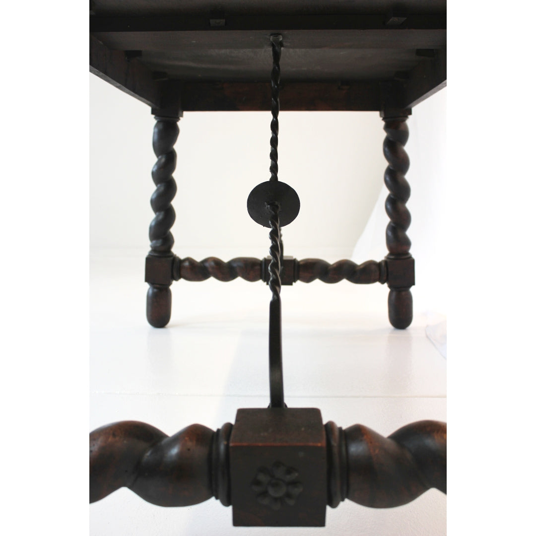 AF1-312: Antique Late 19th Century  Spanish Colonial Revival Table with Barley Twist Legs & Iron Stretchers