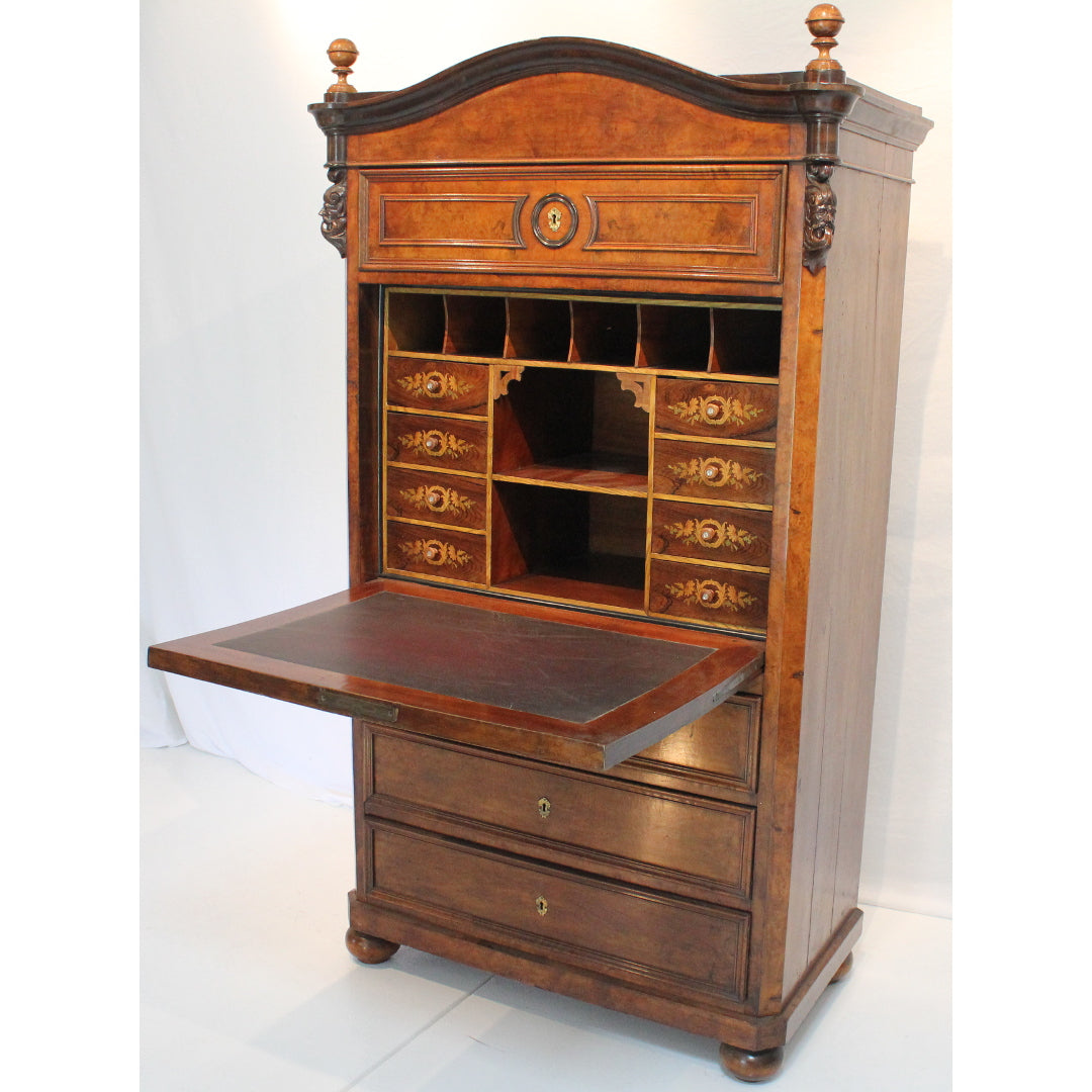 AF5-336: Antique Early 19th Century German Burled Walnut Drop Front Secretaire Abattant w Inlay
