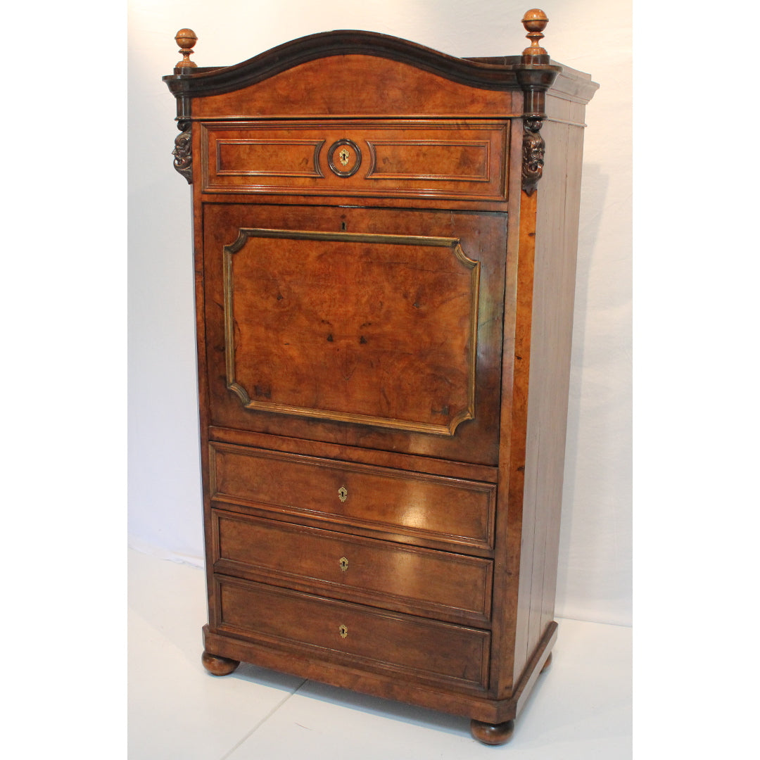 AF5-336: Antique Early 19th Century German Burled Walnut Drop Front Secretaire Abattant w Inlay