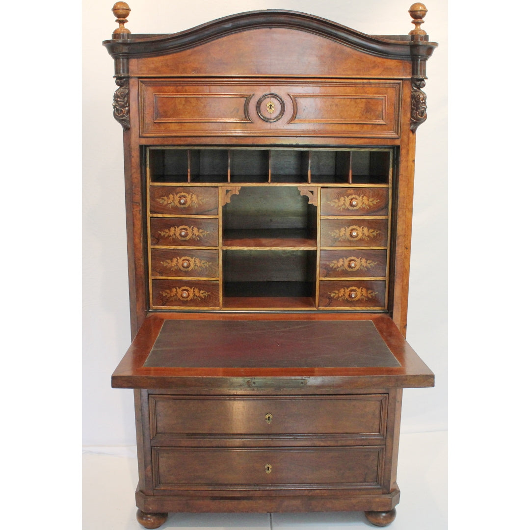 AF5-336: Antique Early 19th Century German Burled Walnut Drop Front Secretaire Abattant w Inlay