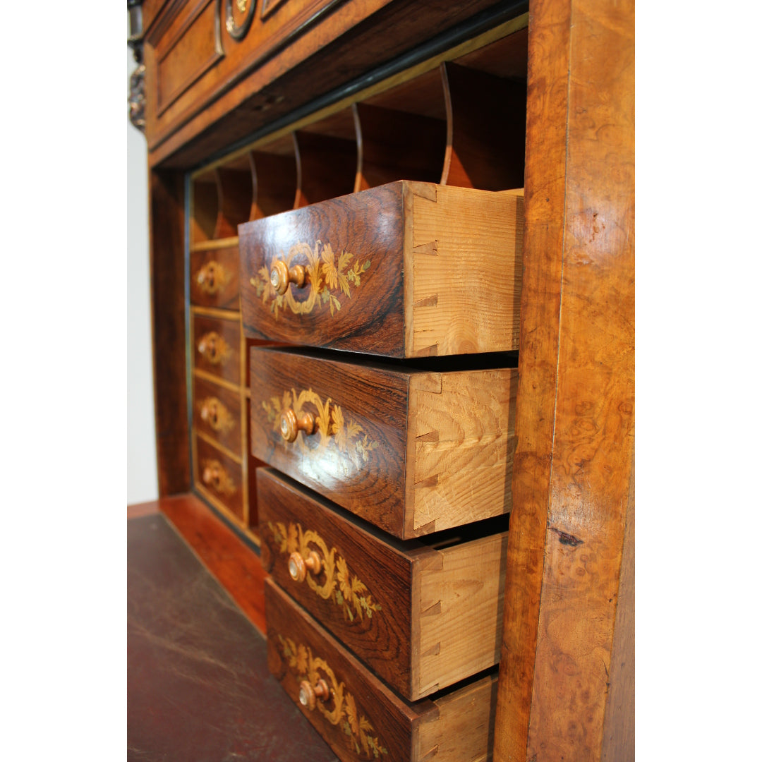 AF5-336: Antique Early 19th Century German Burled Walnut Drop Front Secretaire Abattant w Inlay