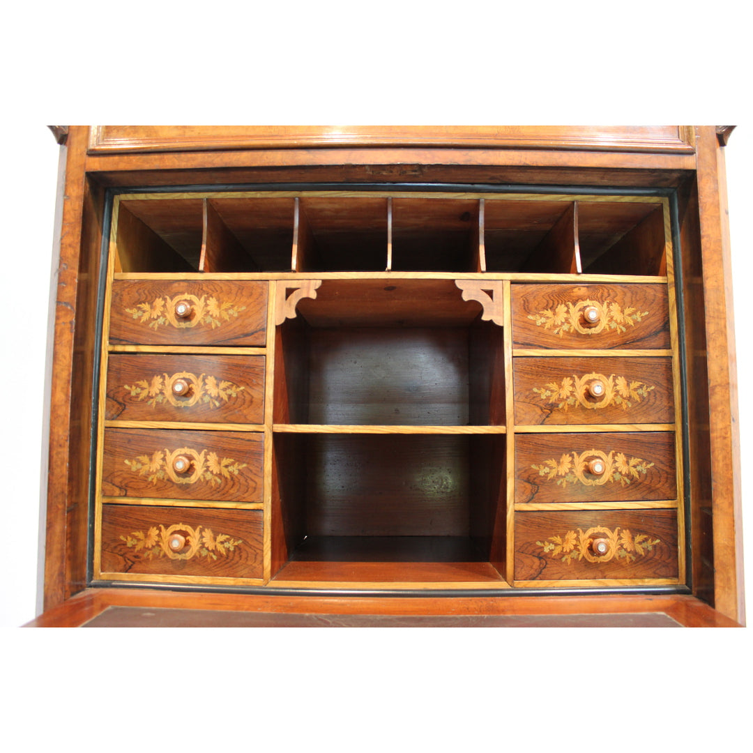 AF5-336: Antique Early 19th Century German Burled Walnut Drop Front Secretaire Abattant w Inlay