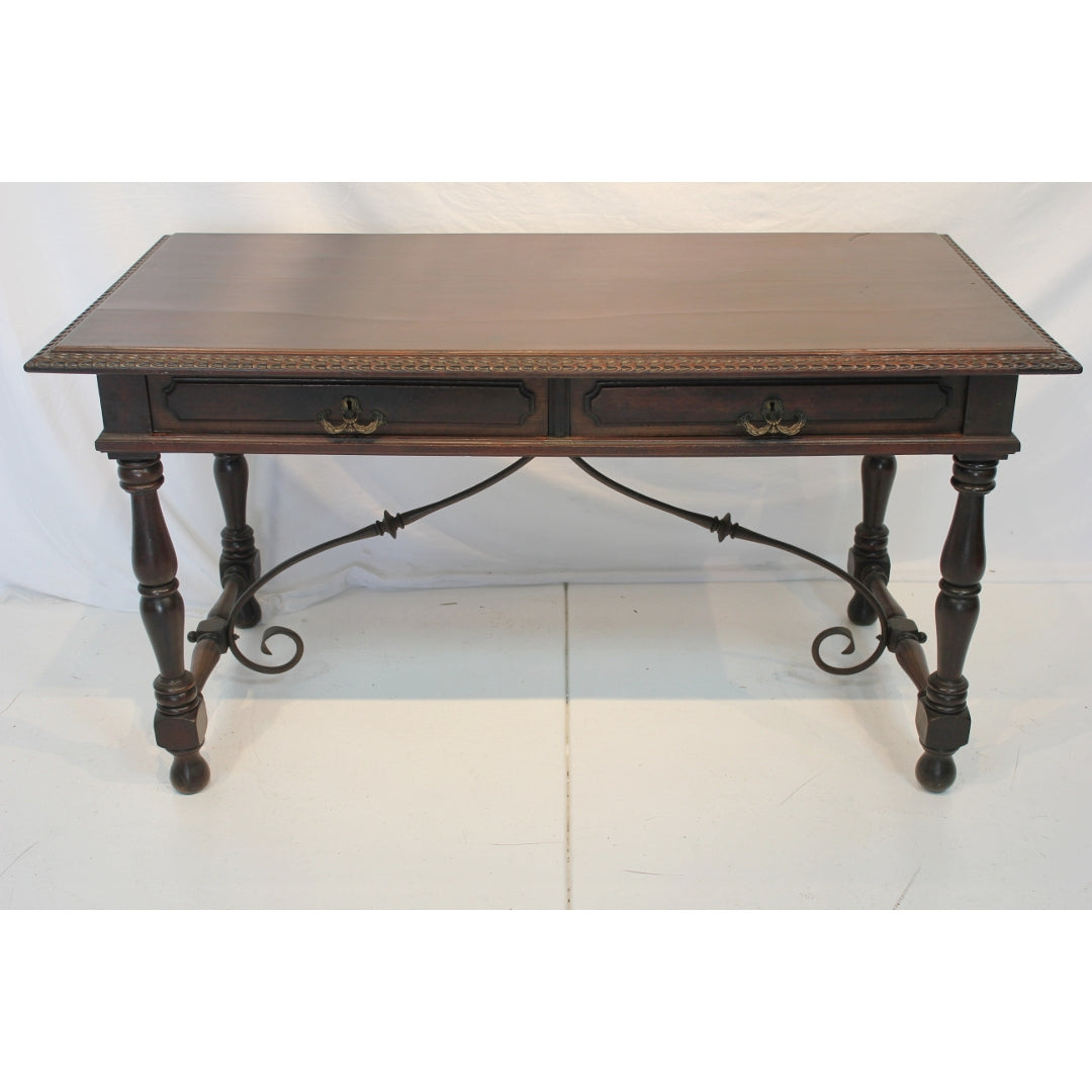 AF5-341 - Antique Early 20th Century Spanish Colonial Revival Desk with Iron Stretcher Bars