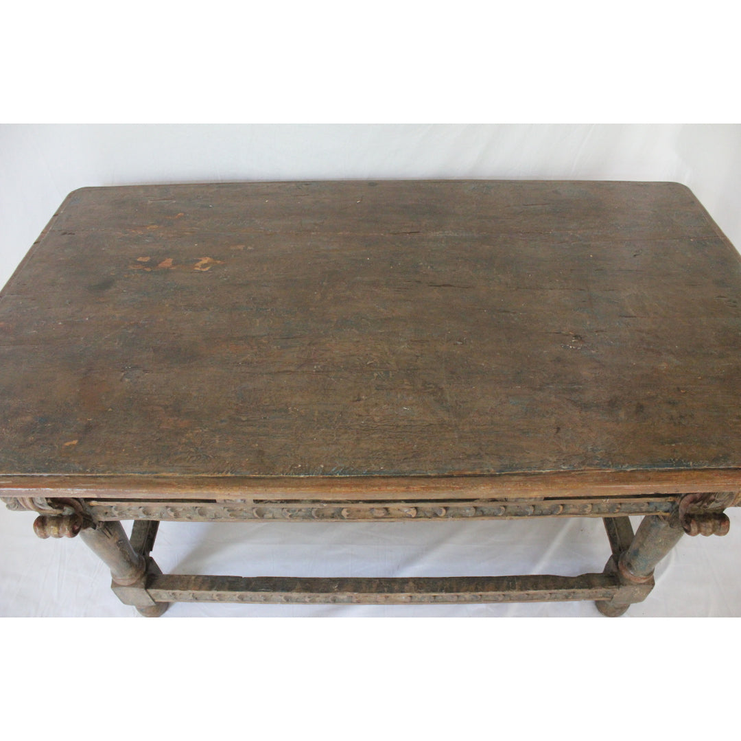 AF1-371: Antique Polychrome Decorated Carved Spanish Colonial Oak Refectory Table Circa 1750