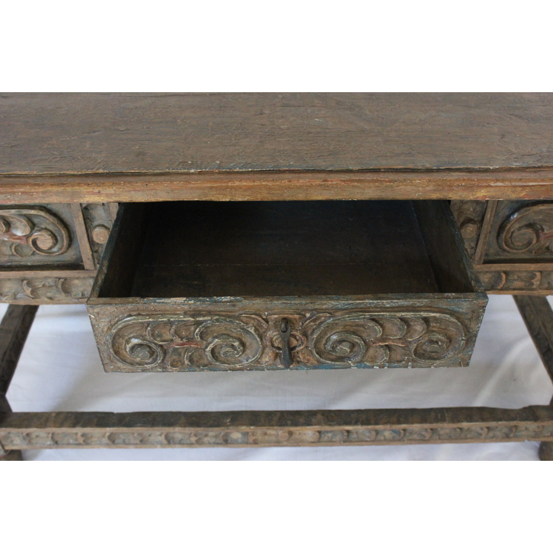 AF1-371: Antique Polychrome Decorated Carved Spanish Colonial Oak Refectory Table Circa 1750
