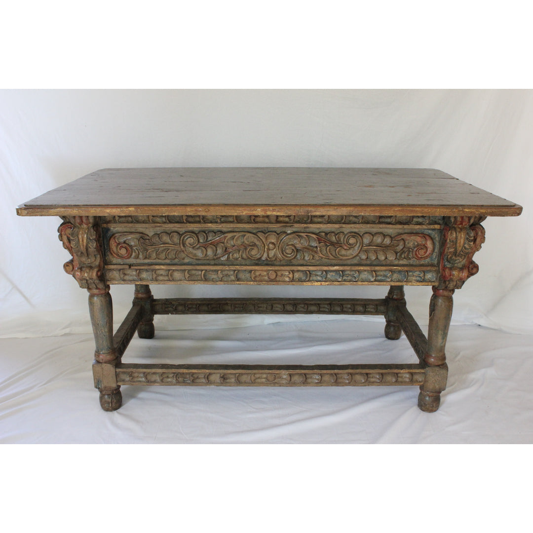 AF1-371: Antique Polychrome Decorated Carved Spanish Colonial Oak Refectory Table Circa 1750