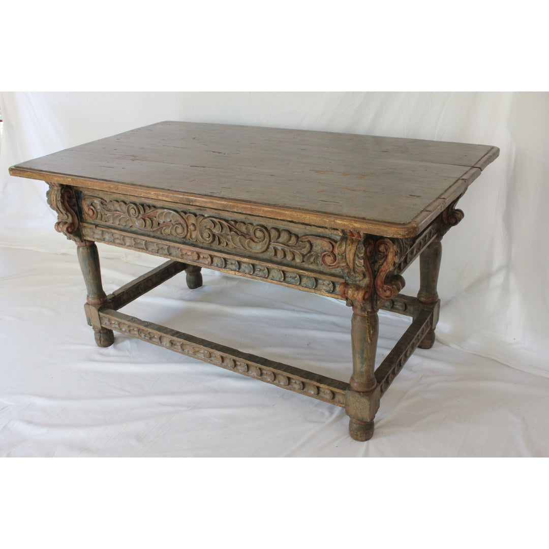 AF1-371: Antique Polychrome Decorated Carved Spanish Colonial Oak Refectory Table Circa 1750