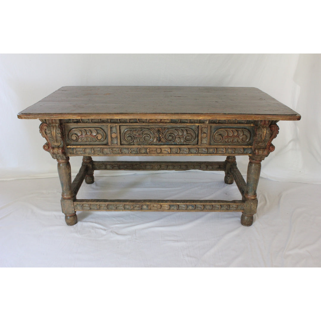AF1-371: Antique Polychrome Decorated Carved Spanish Colonial Oak Refectory Table Circa 1750