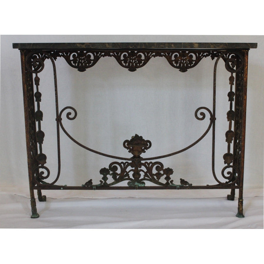 AF1-372: Antique C 1920's Oscar Bach Marble Top Iron & Brass Console Table