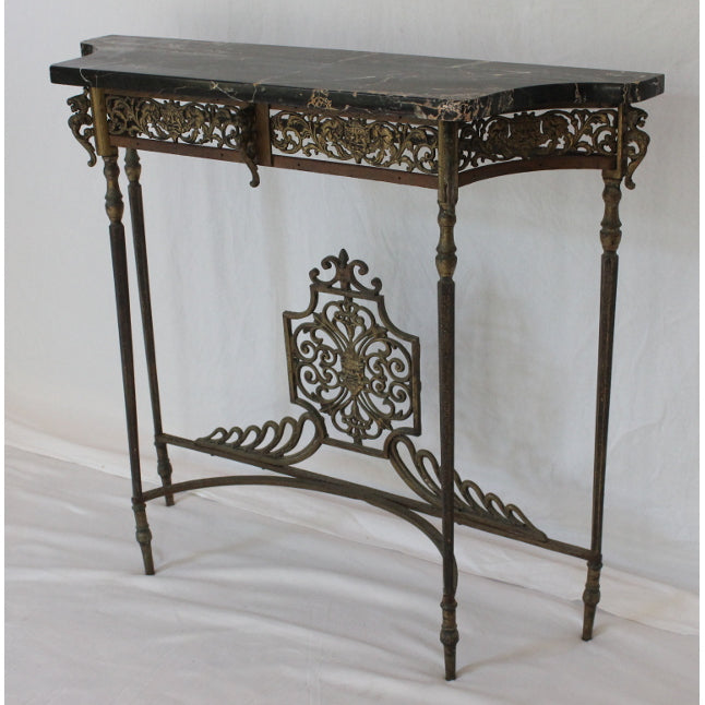 Antique Oscar Bach Marble Top Iron & Brass Console Table | Work of Man