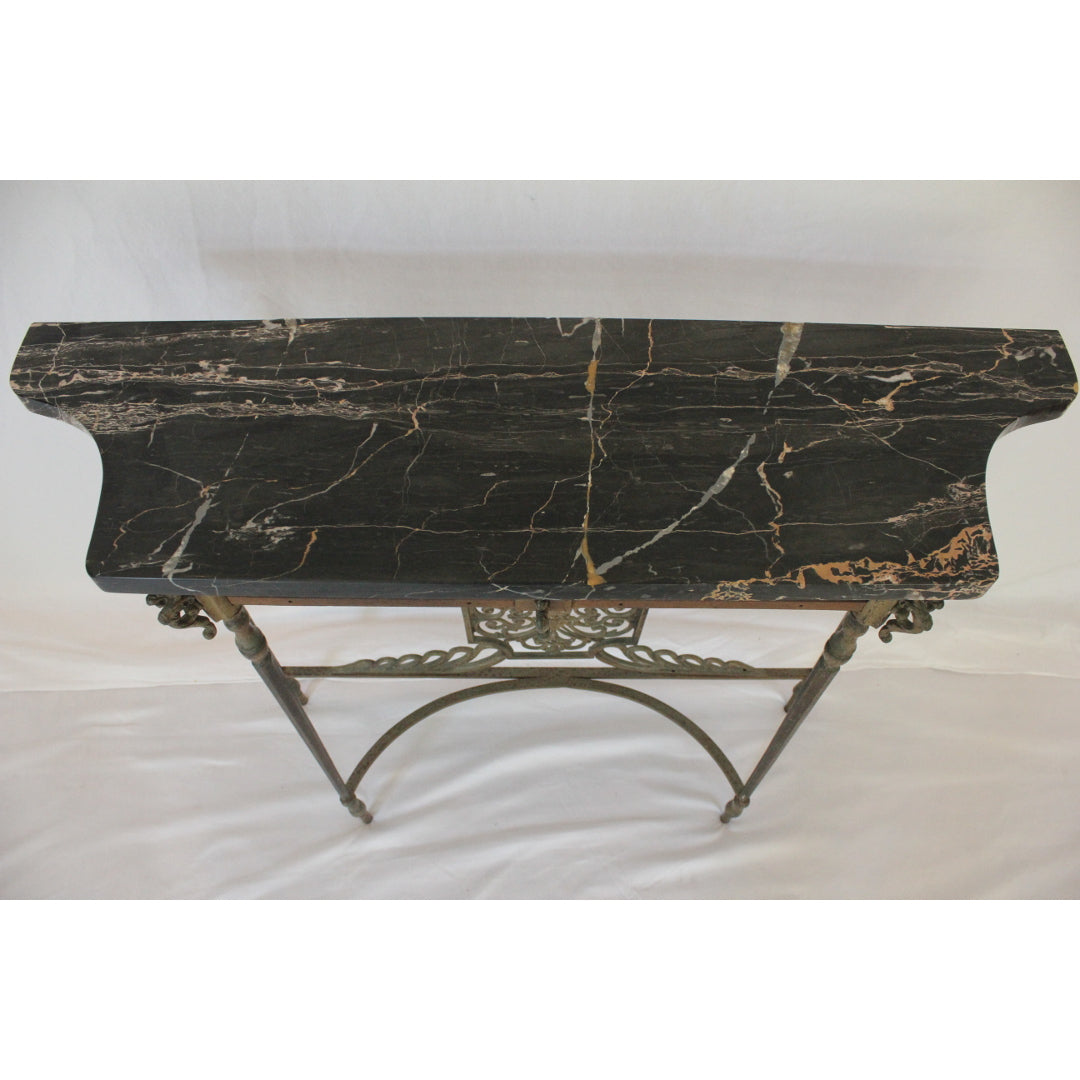 AF1-373: Antique C 1920's Oscar Bach Marble Top Iron & Brass Console Table