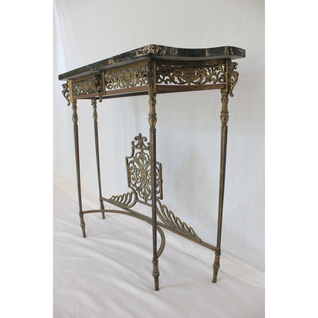 AF1-373: Antique C 1920's Oscar Bach Marble Top Iron & Brass Console Table