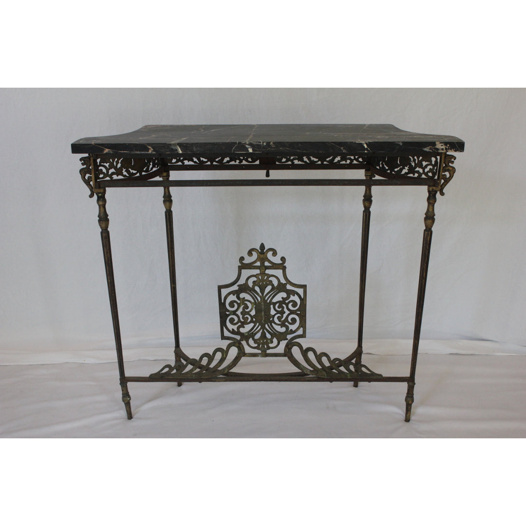 AF1-373: Antique C 1920's Oscar Bach Marble Top Iron & Brass Console Table