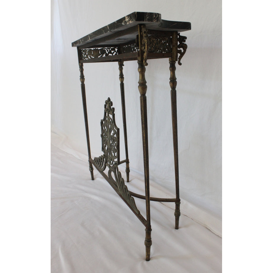 AF1-373: Antique C 1920's Oscar Bach Marble Top Iron & Brass Console Table