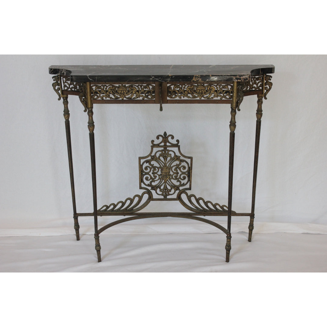 AF1-373: Antique C 1920's Oscar Bach Marble Top Iron & Brass Console Table