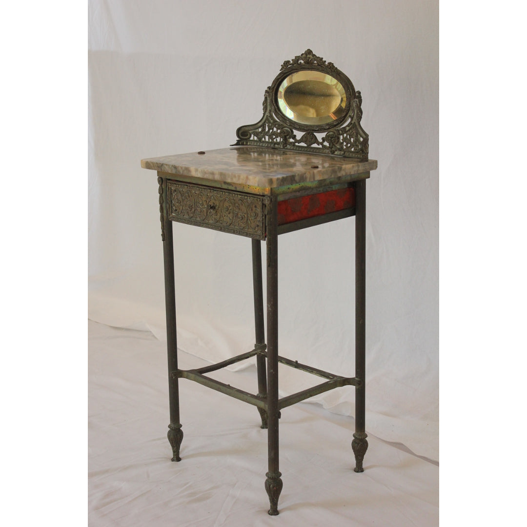 AF1-384: Antique French Art Nouveau Iron, Brass & Marble Side Table W/ Mirror Early 20th Century