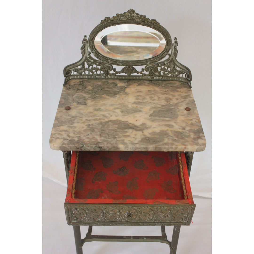 AF1-384: Antique French Art Nouveau Iron, Brass & Marble Side Table W/ Mirror Early 20th Century