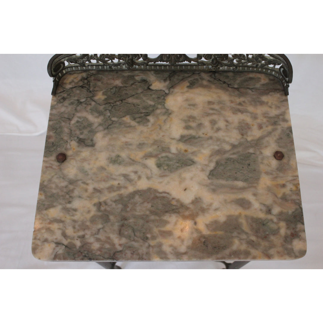 AF1-384: Antique French Art Nouveau Iron, Brass & Marble Side Table W/ Mirror Early 20th Century