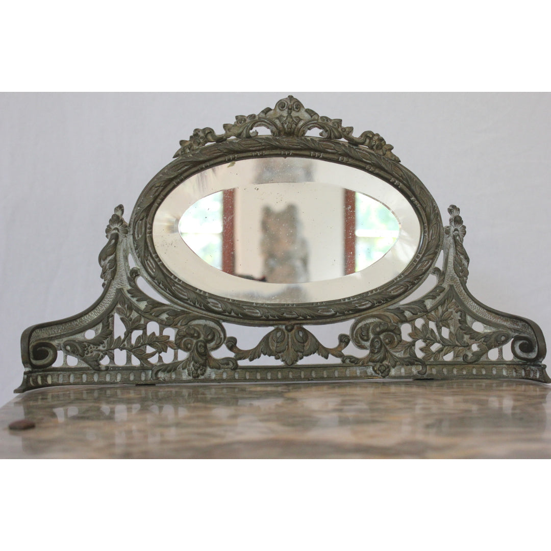 AF1-384: Antique French Art Nouveau Iron, Brass & Marble Side Table W/ Mirror Early 20th Century