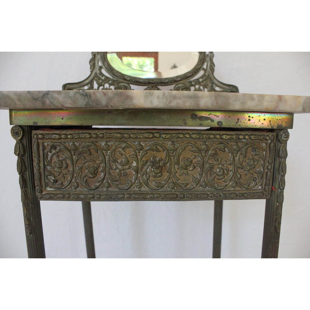 AF1-384: Antique French Art Nouveau Iron, Brass & Marble Side Table W/ Mirror Early 20th Century