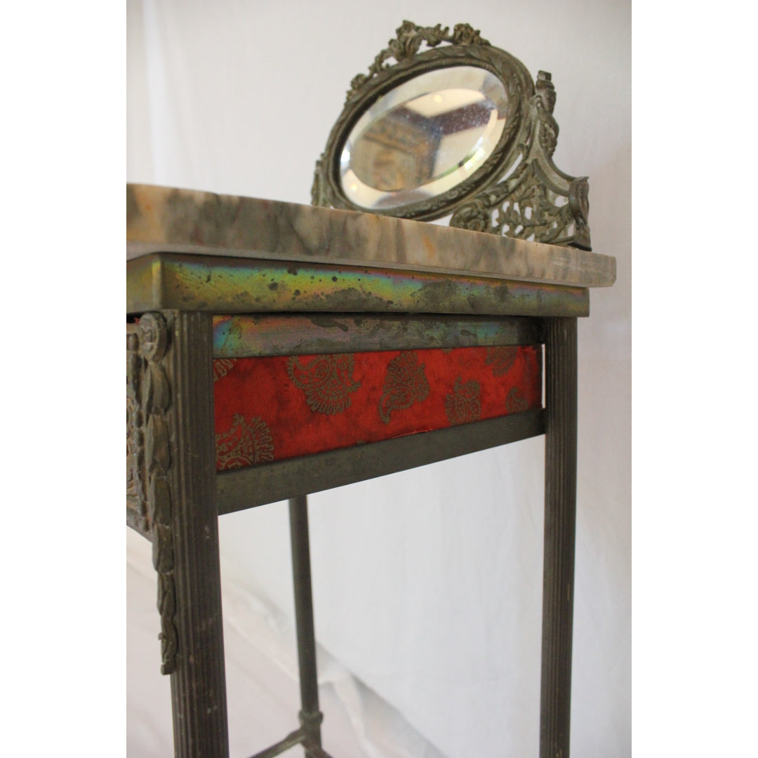 AF1-384: Antique French Art Nouveau Iron, Brass & Marble Side Table W/ Mirror Early 20th Century