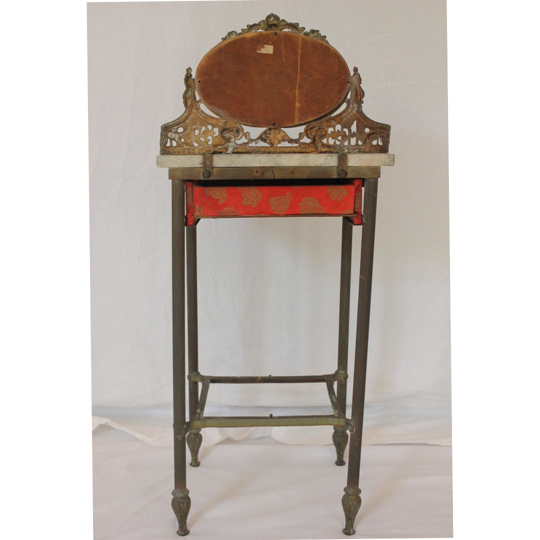 AF1-384: Antique French Art Nouveau Iron, Brass & Marble Side Table W/ Mirror Early 20th Century