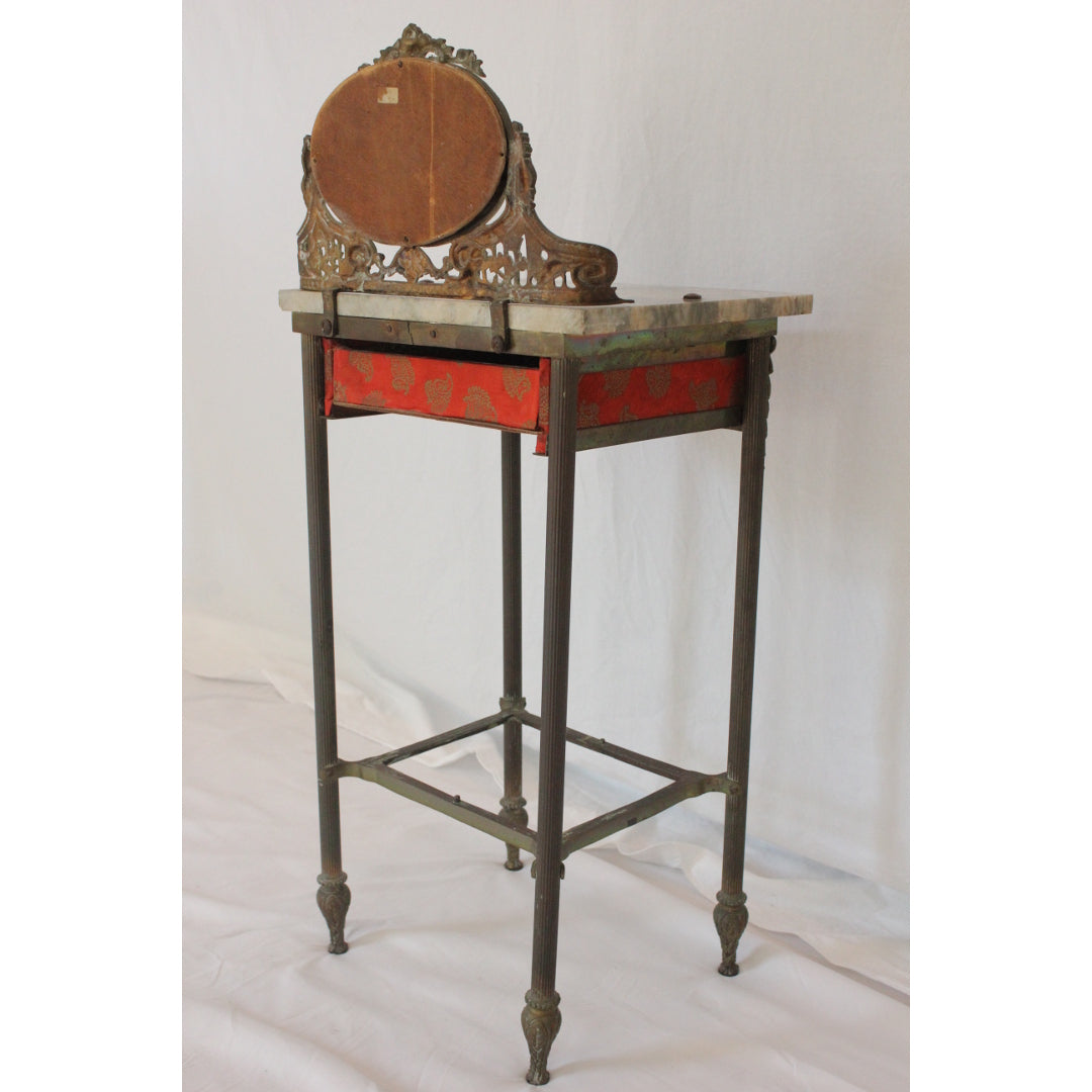 AF1-384: Antique French Art Nouveau Iron, Brass & Marble Side Table W/ Mirror Early 20th Century