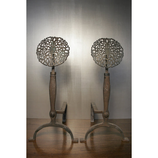 Antique Hand Forged Iron and Bronze Art Nouveau Andirons | Work of Man