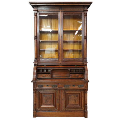 ANTIQUE AMERICAN EASTLAKE WALNUT CYLINDER SECRETARY BOOKCASE | Work of Man